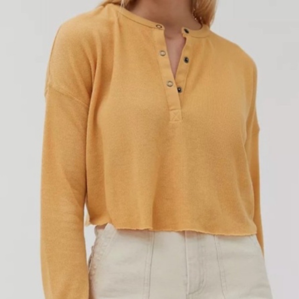 Out From Under Urban Outfitters Mustard Yellow Waffle Knit Cropped Henley Top M